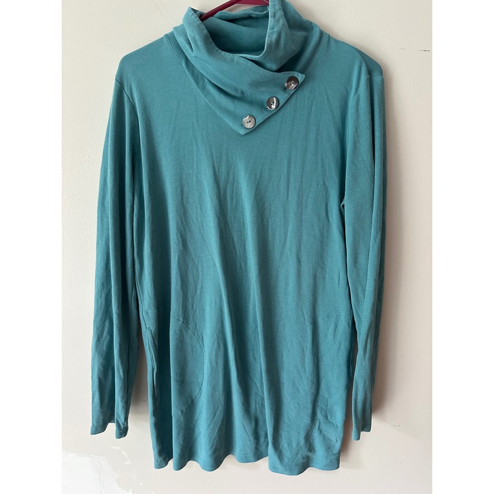 Pure Jill J. Jill Women Teal Blue Cotton Button Cowl Neck Tunic Top Size M